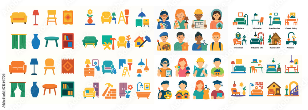 Naklejka premium Colorful icon set of furniture and diverse people