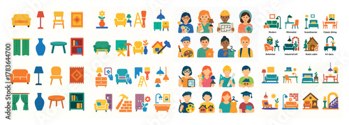 Colorful icon set of furniture and diverse people