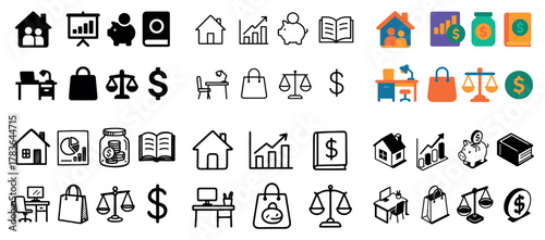 Diverse financial and business icon set collection