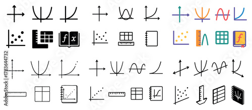 Mathematical graphs and functions icon set