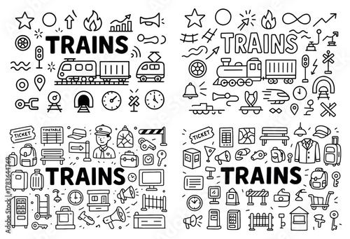 Train doodles collection: icons and symbols