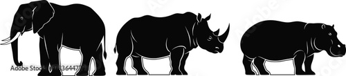 Silhouettes of African Elephant, Rhinoceros, and Hippopotamus in Profile View for Wildlife Education, Nature Conservation, and Animal Comparison
