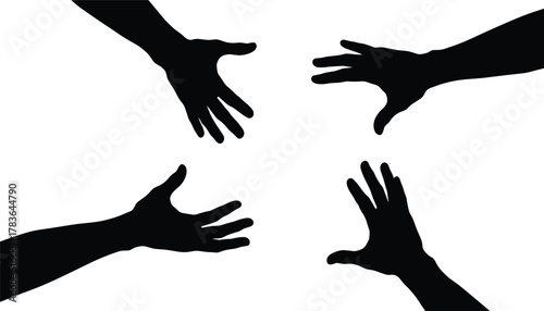 Silhouette vector of four expressive human hands in different directions, abstract gesture concept, communication, diversity, connection, black illustration