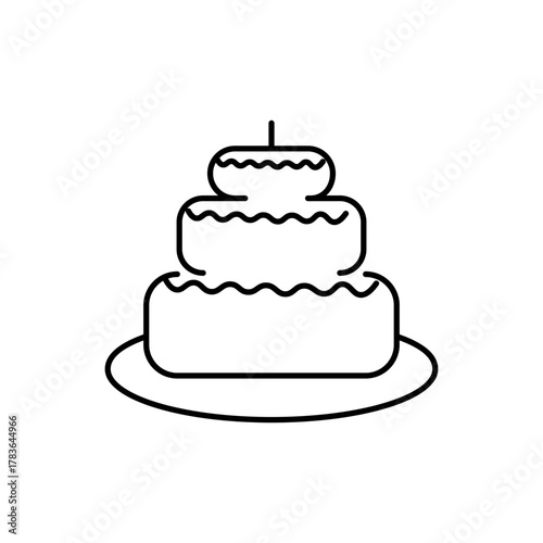 Isolated icon of a three-tiered cake. Sweets. Baked goods. Style doodle, black and white illustration. Can be used in a mobile app, website, or advertising.