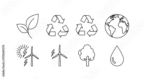 Eco-friendly icons representing renewable energy, recycling, and environmental conservation