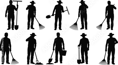 Silhouettes of Farmers and Gardeners Using Tools for Agriculture, Digging, Raking, and Manual Labor in Rural Outdoor Work Scene