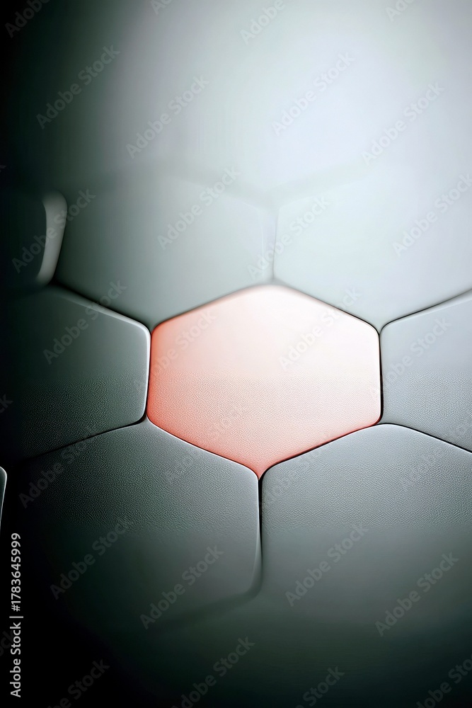 Fototapeta premium A close-up abstract view of a soccer ball's surface, featuring hexagonal panels with one pink panel illuminated.