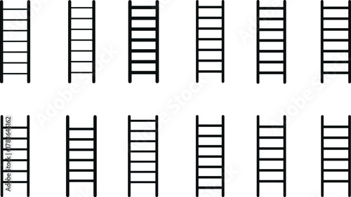 Minimal ladder icon set, simple outline climbing concept, cartoon step design, clean vector illustration, multiple safety rungs collection, vertical climb symbols