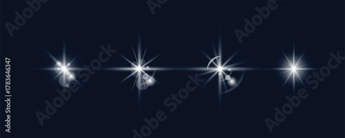 Collection of various glowing light rays with sparkling sun flashes, realistic light effects on dark background