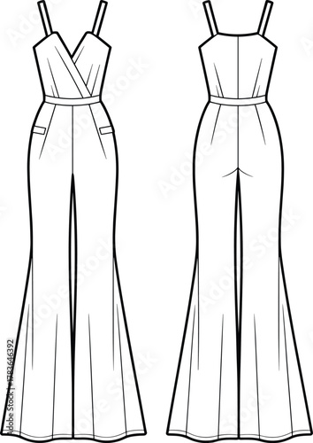 Women’s jumpsuit fashion illustration, sleeveless design, wrap bodice, V‑neckline, wide leg pants, technical garment sketch, front and back view