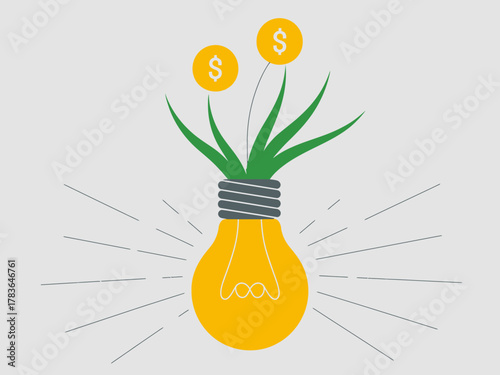 This illustration features an innovative lightbulb sprouting plants and coins, symbolizing creativity, growth, and the fusion of eco-friendly ideas with financial gains.