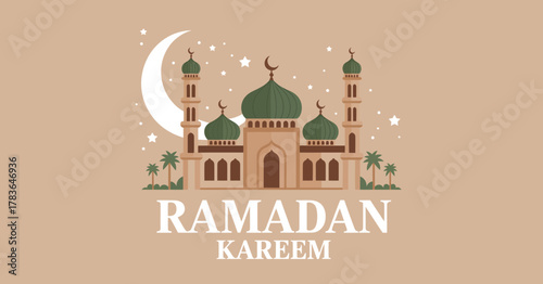 This illustration showcases a beautiful mosque silhouette beside a crescent moon, symbolizing spirituality, peace, and the cultural significance of Ramadan.
