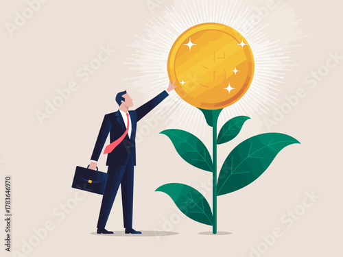 The image depicts a businessman in a suit reaching for a shining coin that has grown from a plant, symbolizing prosperity, investment, and growth in a corporate environment.