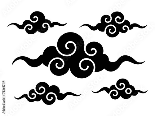 An artistic illustration of black clouds featuring whimsical swirls and curls, conveying an abstract and creative perspective on weather and mood in design.