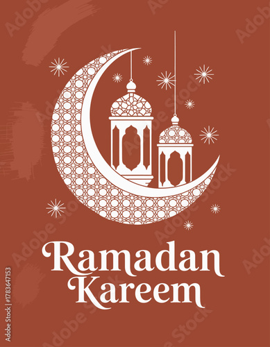 This illustration showcases a beautifully designed crescent moon with ornate lanterns, embodying the spirit of Ramadan filled with warmth and celebration, perfectly suitable for festivities.