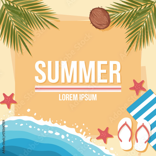 A colorful summer beach scene featuring palm trees, waves, and beach accessories, capturing the essence of leisure, fun, and sunshine during the summer holidays.