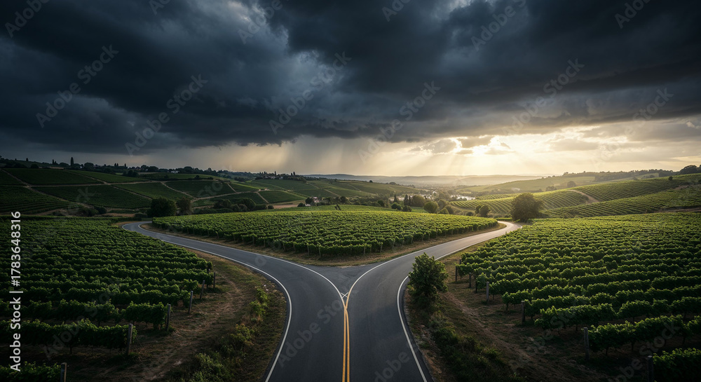 Fototapeta premium Road Through Tuscany-Style Vineyard Hills Aerial Photography