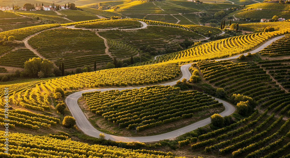 Naklejka premium Road Through Tuscany-Style Vineyard Hills Aerial Photography