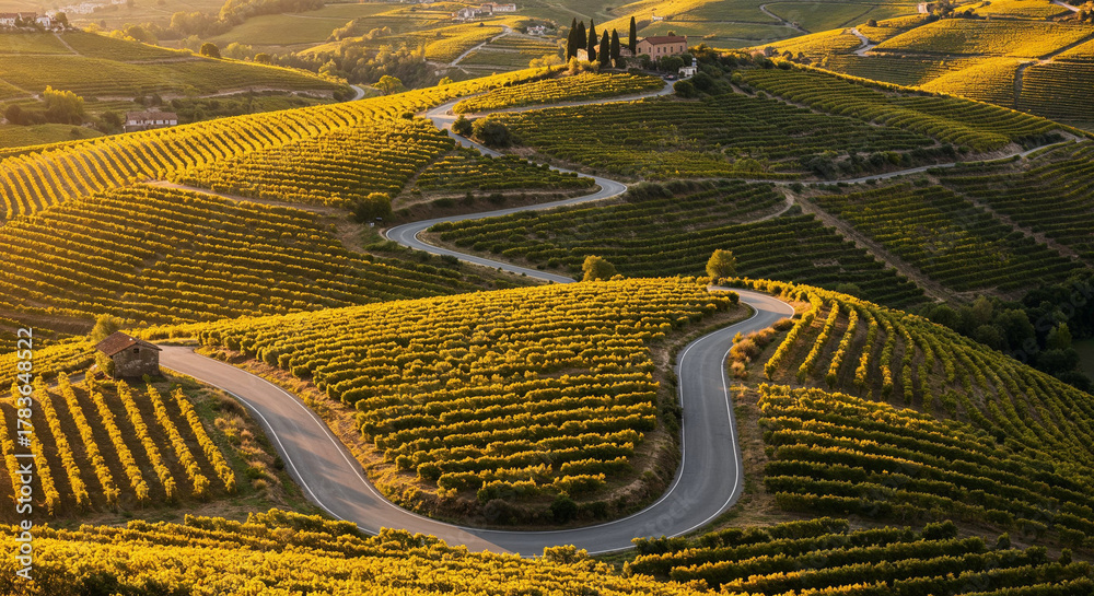 Naklejka premium Road Through Tuscany-Style Vineyard Hills Aerial Photography