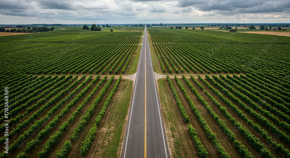 Naklejka premium Road Through Tuscany-Style Vineyard Hills Aerial Photography