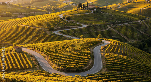 Road Through Tuscany-Style Vineyard Hills Aerial Photography