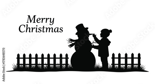 Silhouette of a child building a snowman with a top hat and scarf with merry christmas text