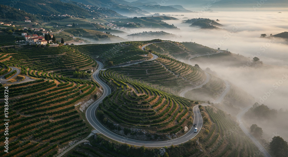 Naklejka premium Road Through Tuscany-Style Vineyard Hills Aerial Photography