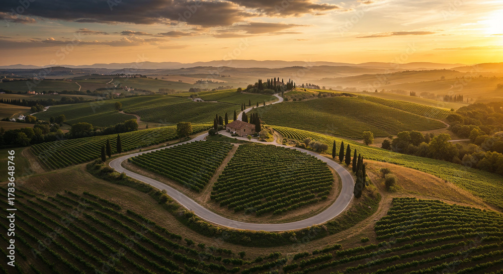 Fototapeta premium Road Through Tuscany-Style Vineyard Hills Aerial Photography