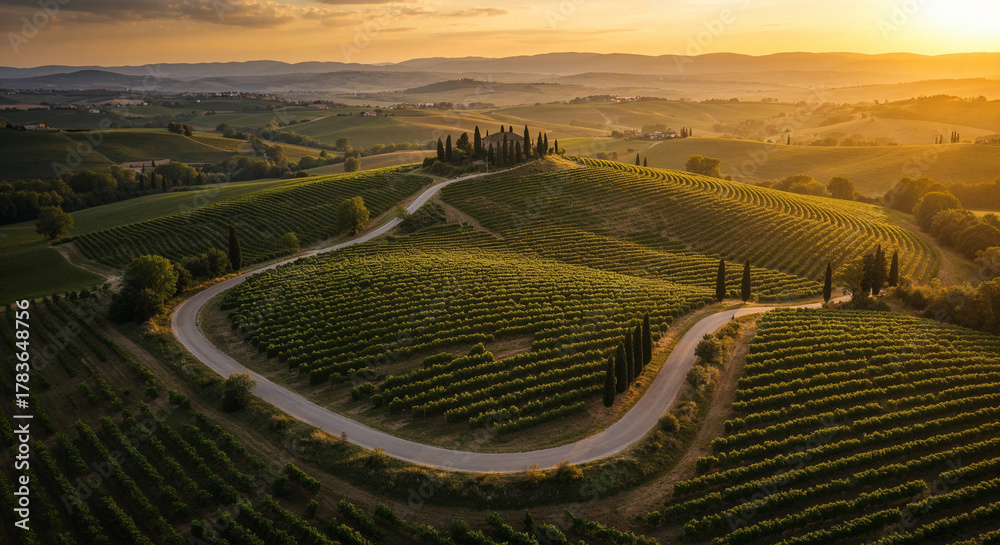 Fototapeta premium Road Through Tuscany-Style Vineyard Hills Aerial Photography