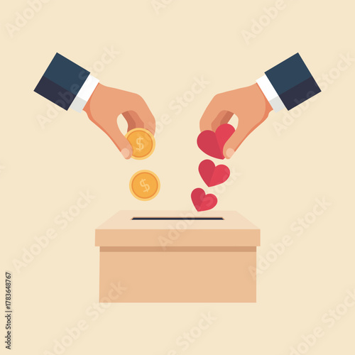 Donating money and love to charity, hands putting coins and hearts in box