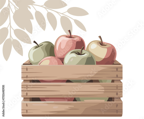 Stylized Vector Illustration of Mixed Apples in a Wooden Crate with Leaf BackgroundStylized Vector Illustration of Mixed Apples in a Wooden Crate with Leaf Background