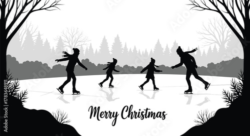 Silhouettes of a family ice skating on a frozen lake with bare trees and snow covered pine trees in the background and merry christmas text