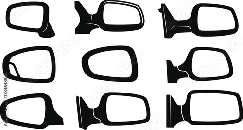 Set of nine car side mirrors silhouette, automotive rearview mirror collection, modern vehicle accessory design, black and white vector illustration