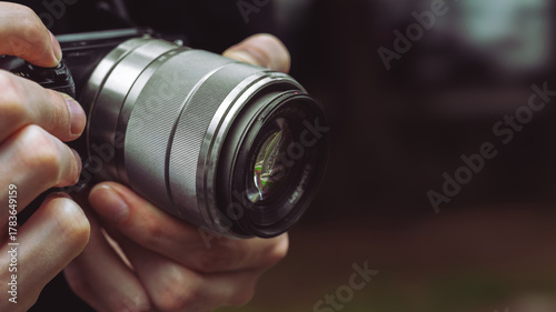 Camera lens close up with reflection digital background. Photographer camera hobby electronic devise. camera shutter. camera copy space luxury background for advertisement and design
