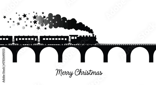 Silhouette of a vintage steam train crossing a bridge with smoke forming stars and the text merry christmas