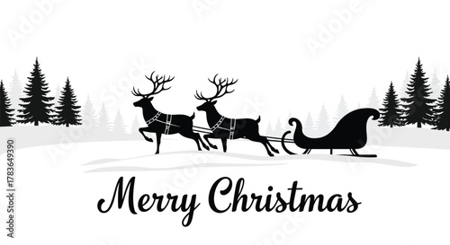 Silhouette of santa s reindeer pulling a sleigh through a snowy forest with merry christmas text below