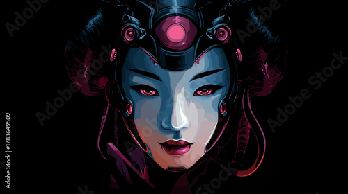 Evil Geisha Robot Face Vector Illustration, Horror Asian Concept