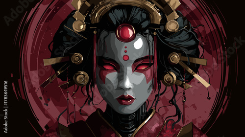 Evil Geisha Robot Face Vector Illustration, Horror Asian Concept