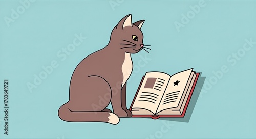 Curious Cat Reading Book: Whimsical Illustration on Textured Blue Background