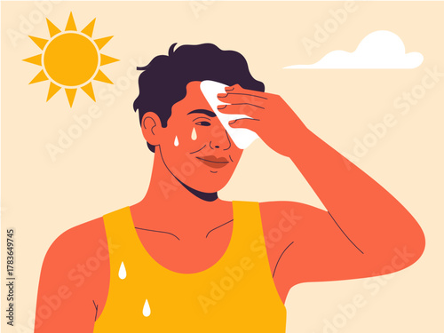 The image portrays a man wiping sweat from his brow while enjoying a sunny day, showcasing the effects of heat and the vitality of summer activities.