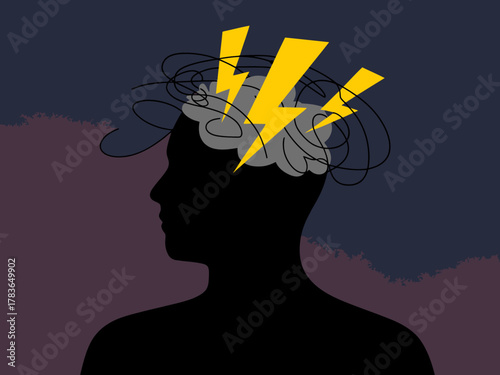 This image depicts a silhouette of a head with chaotic thoughts and lightning, symbolizing the complexity of emotions, cognitive struggle, and mental clarity challenges.