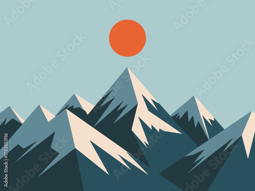This bold graphic portrays a picturesque mountain range framed by a striking orange sun, evoking feelings of adventure, nature, and tranquility in a stylized manner.