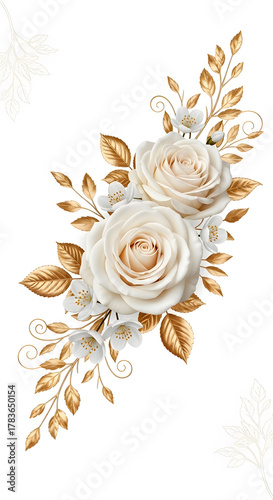 An elegant floral arrangement of white roses with golden leaves and stems on a white background.