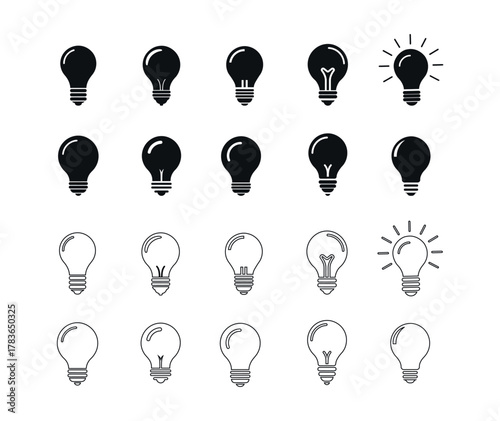 Lightbulb icons set, solid and outline, on and off idea symbols
