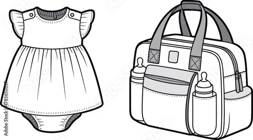Baby dress onesie, diaper bag backpack, ruffle sleeves, snap closures, bottle pockets, fashion cad drawing, vector apparel illustration, cad drawing flat vector illustration