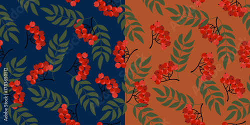 Seamless pattern with rowan berries and leaves. Autumn. Vector illustration on dark blue and brown background.