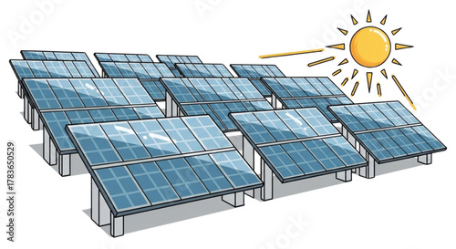 Advanced Solar Panel Farm Vector Illustration: High-Efficiency Photovoltaic Array Under Bright Sunlight, Clean Renewable Energy Harvesting Graphic