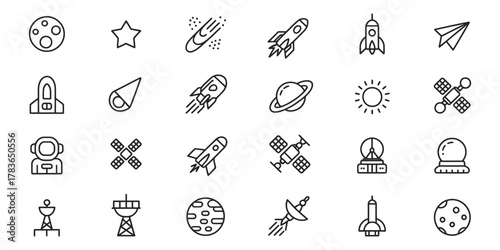 Space icons collection, modern vector set with rockets, planets, stars, and celestial bodies for digital projects and futuristic design themes.
