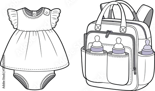 Baby dress onesie, diaper bag backpack, ruffle sleeves, bottle pockets, fashion cad drawing, vector apparel illustration, cad drawing flat vector illustration