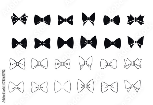 Collection of diverse bow tie designs in solid and outline styles